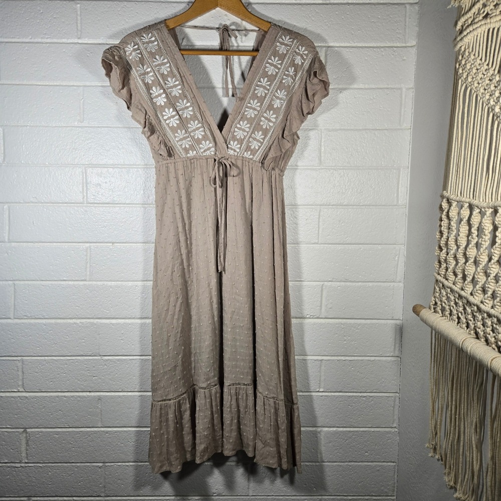 Ivy‎ May Embroidered Swiss Dot Midi Dress Small Tan Boho Cottagecore Lined